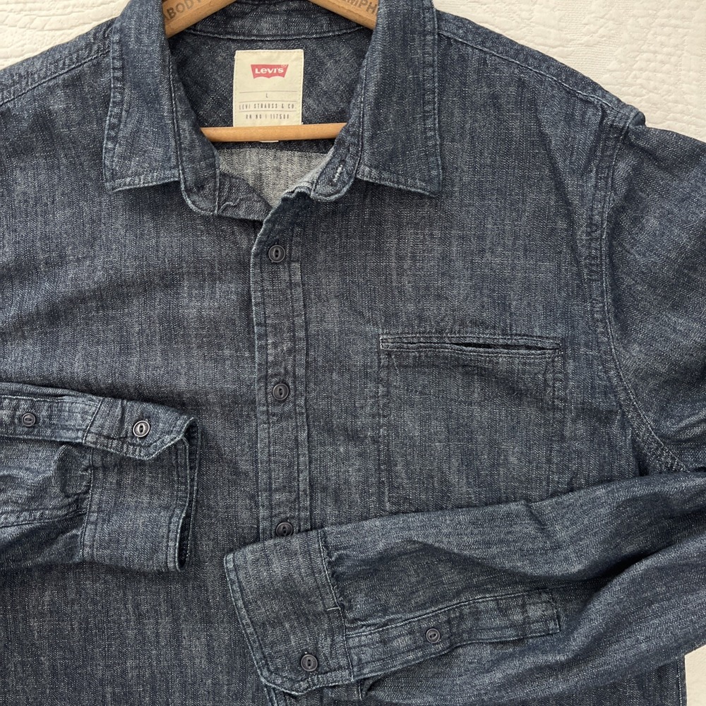 Levis Denim Shirt Mens L Dark Blue Indigo Long Sleeve Button Up Cotton Pocket